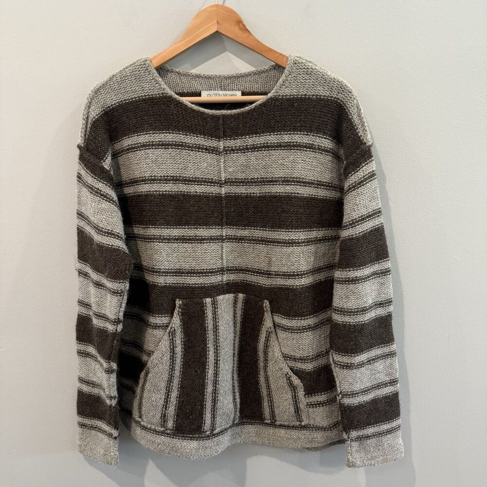 Outerknown Sweater Men's Alpaca Wool Knit Striped Sz L Gray Brown Baja Pocket